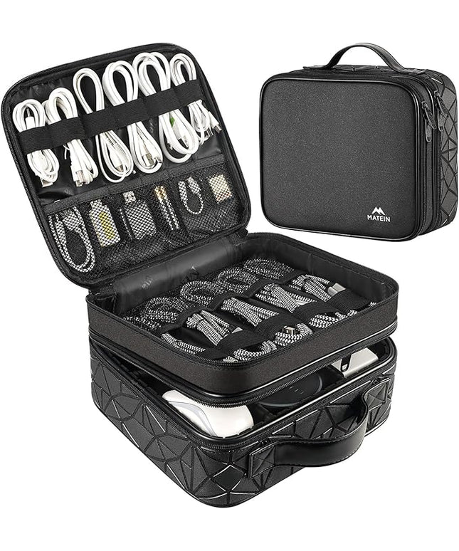 MATEIN Cable Organizer Bag, Waterproof Travel Electronic Storage, Shockproof Portable Double Layer Tech Bags Carrying Case for Cord, Earbuds, Charger, SD Card, DJ Gifts, Black