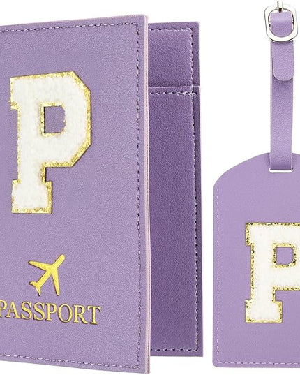 PATIKIL Passport Holder for Travel, Initial Passport Cover and Luggage Tag Set with Alphabet Chenille Letter Patch Travel Wallet Bag Suitcase Identifier for Women Family Travel Purple P