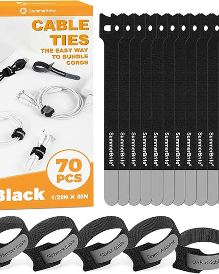 70 Pack Black Cable Ties 8 Inch with Writable Labels, Reusable Cord Organizer Straps, Hook & Loop Wire Management for Extension Cords, Garage Tools, Power Strips & Heavy Duty