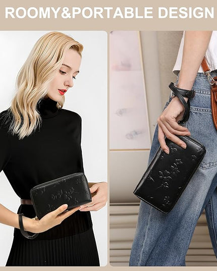 yiijay Womens Wallet RFID Blocking Large Capacity Leather Double Zip Wristlet Wallet Credit Card Phone Holder Ladies Clutch Purse Flora