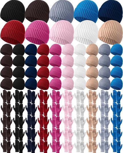 Chicingyou Winter Hats and Gloves Beanies Set Bulk Adults Women Men Unisex Knit Beanie Thermal Gloves for Homeless Gifts