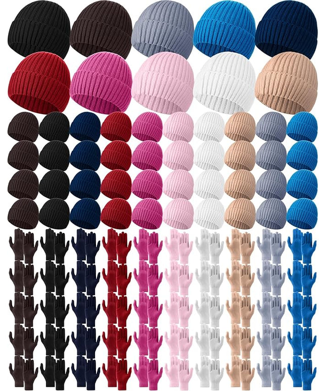 Chicingyou Winter Hats and Gloves Beanies Set Bulk Adults Women Men Unisex Knit Beanie Thermal Gloves for Homeless Gifts