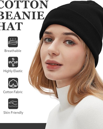 100% Cotton Beanies for Men Women Cotton Hats Soft Warm Unisex Cuffed Plain Skull Hat Autumn Winter Slouchy Knitted Cap