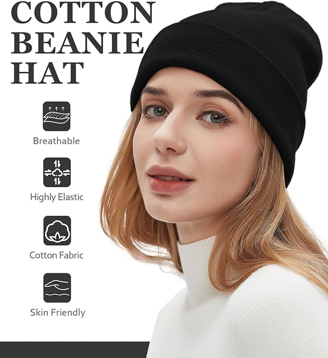 100% Cotton Beanies for Men Women Cotton Hats Soft Warm Unisex Cuffed Plain Skull Hat Autumn Winter Slouchy Knitted Cap
