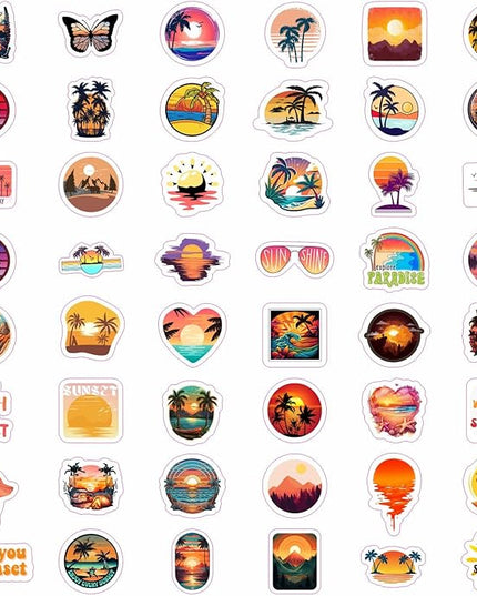 BulbaCraft Sunset Stickers - Beach Stickers, Sun Decals, Summer Decals for Water Bottle and Laptop, Palm Trees Party Supplies & Decorations, Beachy Stuff, Gifts for Women & Men