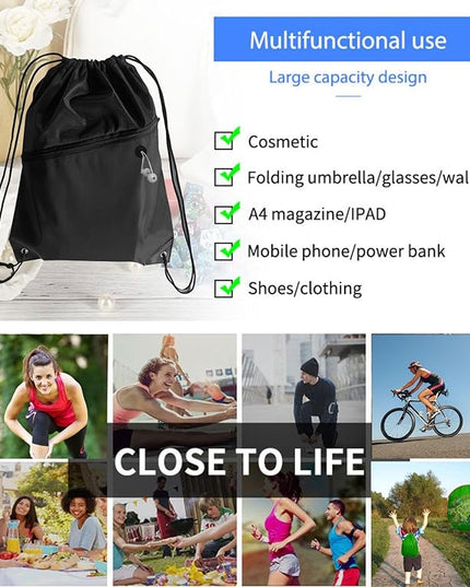 20PCS Drawstring Bag Sports Gym String Backpack Bulk Cinch Bag Sackpack with 2 layer Zip pocket for Yoga Gym Traveling (20, black)
