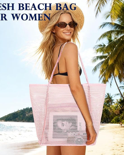 Mesh Beach Bag, Large Beach Tote with Zipper Pocket, Toys Pool Bag for Family Travel Vacation Cruise Essentials