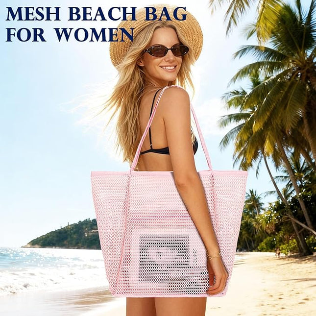 Mesh Beach Bag, Large Beach Tote with Zipper Pocket, Toys Pool Bag for Family Travel Vacation Cruise Essentials