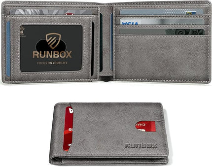 RUNBOX Wallet for Men Slim 11 Credit Card Holder Slots Leather RFID Blocking Small Thin Men's Wallet Bifold Minimalist Front Pocket Large Capacity Gift Box