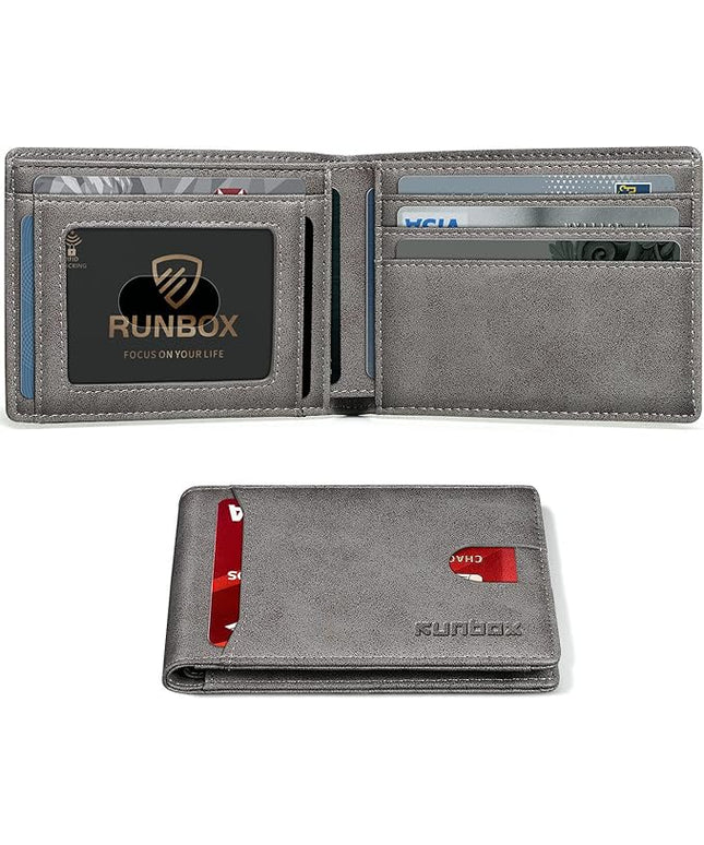 RUNBOX Wallet for Men Slim 11 Credit Card Holder Slots Leather RFID Blocking Small Thin Men's Wallet Bifold Minimalist Front Pocket Large Capacity Gift Box