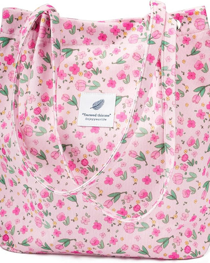 Corduroy Tote Bag Cute Tote Bags for Women Shoulder Bag with Inner Pocket for Work Beach Travel and Shopping Grocery