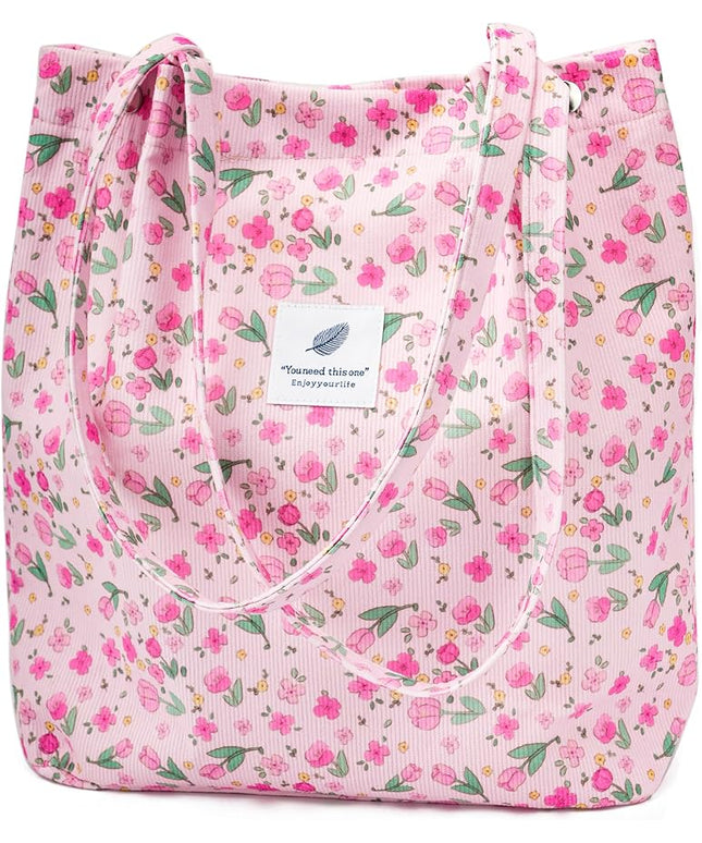Corduroy Tote Bag Cute Tote Bags for Women Shoulder Bag with Inner Pocket for Work Beach Travel and Shopping Grocery