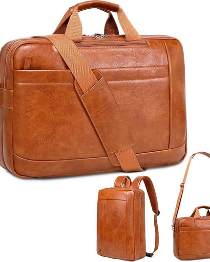Faux Leather Messenger Bag for Men | 17-17.3 Inch Leather Mens Laptop Bag Leather Briefcasen Convertible Backpack 3 in 1 Computer Handbags Work Bag Shoulder Crossbody Bag Office | Vintage Brown