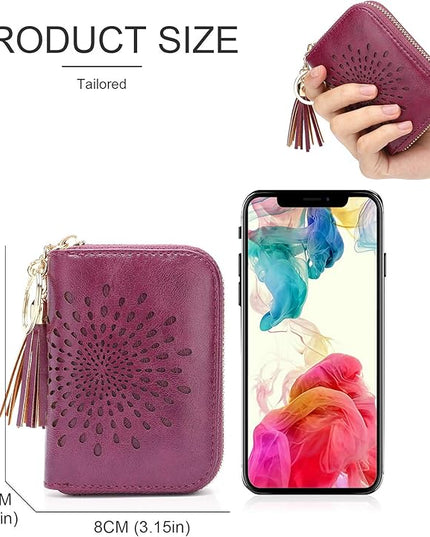 APHISON RFID Credit Card Holder Zipper Card Case Keychain Small Wallet for Women 1927 PURPLISH-RED