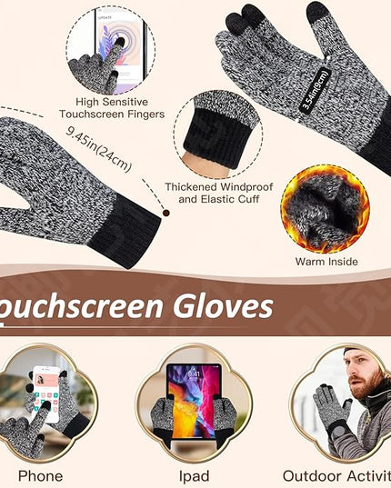 Men Women Winter Beanie Hats Scarf with Touchscreen Gloves Warm Knit Themal Gloves Long Scarf Set with Fleece Lined