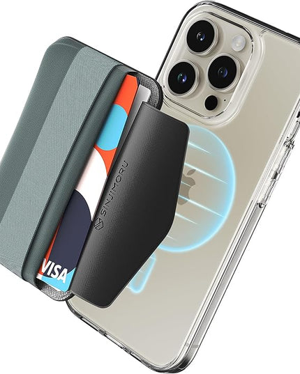 Sinjimoru Soft Wool Band Grip Phone Wallet for MagSafe, Magnetic Phone Card Holder for Back of Cell Phone Case with Hand Finger Holder Compatible with iPhone 14 13 12 Series. M-Band Blue Grey