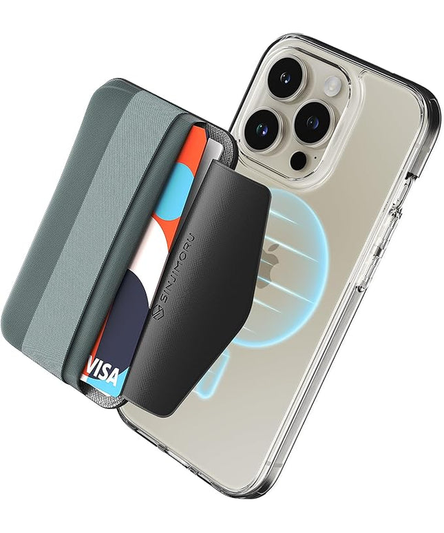 Sinjimoru Soft Wool Band Grip Phone Wallet for MagSafe, Magnetic Phone Card Holder for Back of Cell Phone Case with Hand Finger Holder Compatible with iPhone 14 13 12 Series. M-Band Blue Grey