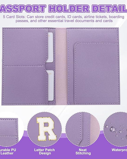 PATIKIL Passport Holder for Travel, Initial Passport Cover and Luggage Tag Set with Alphabet Chenille Letter Patch Travel Wallet Bag Suitcase Identifier for Women Family Travel Purple R