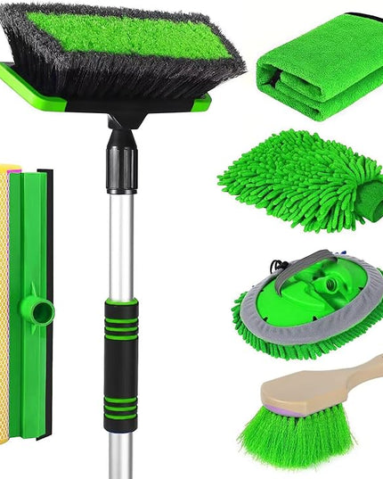 62'' Car Wash Brush with Long Handle, Scratch-Free Soft Bristles Sturdy Car Wash Mop, Complete Cleaning Brush Kit Wash Mitt Towel Windshield Squeegee Wheel Tire Brush for Car Truck RV Green