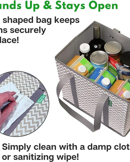 Reusable Grocery Bags (3 Pack) – Heavy Duty Reusable Shopping Bags with Box Shape to Stand Up and Stay Open – Large Tote Bags with Long Handles & Reinforced Bottom – Foldable Utility Bag – Chevron