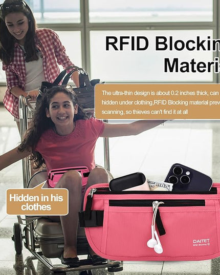 RFID Blocking Money Belt for Men Women, Slim Fanny Pack for Travel，Running,Conceal Waist Wallet for Passport Holder,Phone,Cash(Hot Pink)