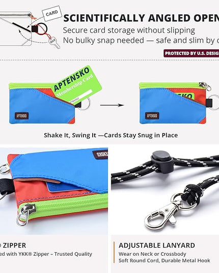 RFID Travel Wallet with Adjustable Lanyard-Zipper Small Wallet with ID Card Holder, Keychain for women&men-Minimalist Slim Waterproof Nylon case for ID, Cash, Key (SkyBlue+BlazingOrange)