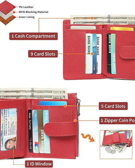 GAEKEAO Womens Wallet Small Leather RFID Blocking Bifold Zipper Pocket Wallet Card Case Purse with ID Window