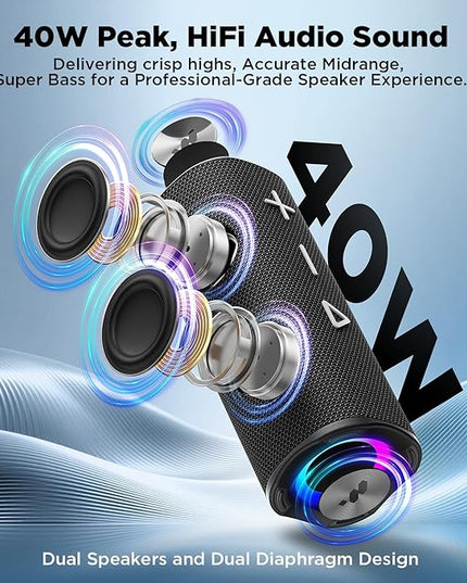 MIATONE Bluetooth Speaker 40W BT 6.0 Outdoor Portable Bluetooth Speakers with 3 EQ,Deep Bass,24H Playtime TWS,IPX7 Waterproof Shower Speakers Bluetooth Wireless Portable Speaker for Party/Beach-Black