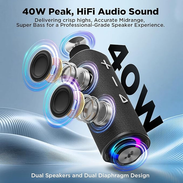 MIATONE Bluetooth Speaker 40W BT 6.0 Outdoor Portable Bluetooth Speakers with 3 EQ,Deep Bass,24H Playtime TWS,IPX7 Waterproof Shower Speakers Bluetooth Wireless Portable Speaker for Party/Beach-Black