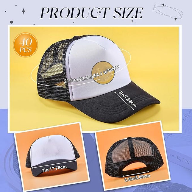 Hercicy 40 Pack Sublimation Blank Trucker Hat Bulk Baseball Cap Adjustable Mesh Unisex Polyester Hat Heat Transfer