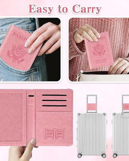 Passport Holder for Travel, RFID Blocking Passport Cover with Pen Holder Leather Passport Wallet Case Travel Must Haves Accessories Passport Book Card Holder for Family Travel Essentials Gifts, Pink