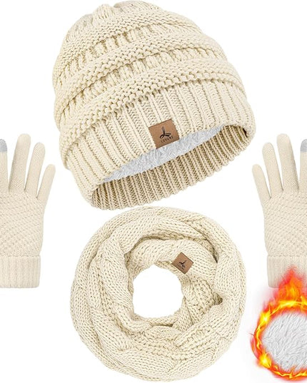 Winter Beanie Hat Scarf Gloves, Warm Fleece Knit Hats Touch Screen Gloves Neck Scarf Set Winter Gifts for Unisex Adult