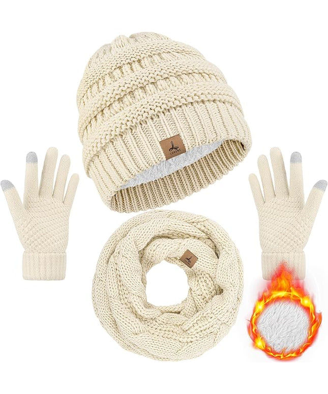 Winter Beanie Hat Scarf Gloves, Warm Fleece Knit Hats Touch Screen Gloves Neck Scarf Set Winter Gifts for Unisex Adult