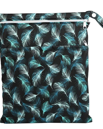 Medium Wet Dry Bag Baby Cloth Diaper Nappy Insert Bag Washable With Two Pockets (Blue Feather)