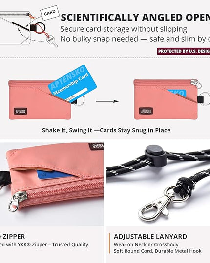 RFID Travel Wallet with Adjustable Lanyard-Zipper Small Wallet with ID Card Holder, Keychain for women&men-Minimalist Slim Waterproof Nylon case for ID, Cash, Key (Coral Blush)
