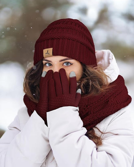 Winter Beanie Hat Scarf Gloves, Warm Fleece Knit Hats Touch Screen Gloves Neck Scarf Set Winter Gifts for Unisex Adult