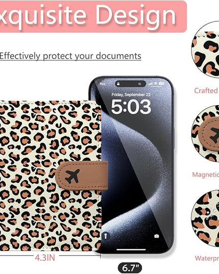Passport Holder, Travel Wallet Cover with Pen Loop | Cute RFID Blocking Leather Case with Magnetic Closure for Travel Essentials-Leopard