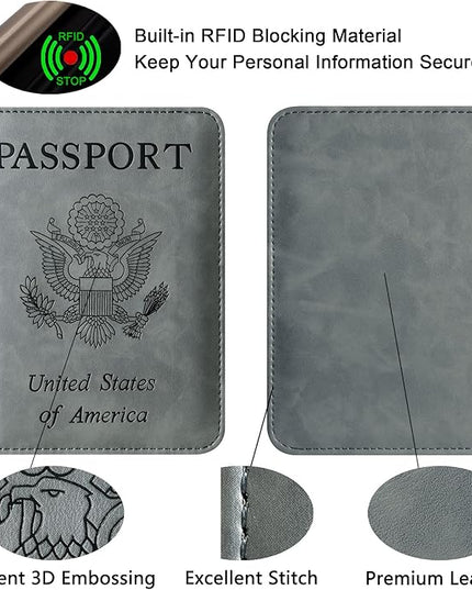 Passport Holder Cover Wallet Travel Essentials Leather Rfid Blocking Case Vacation Luggage Must Haves Travel Accessories for Men Women (116#Grey)