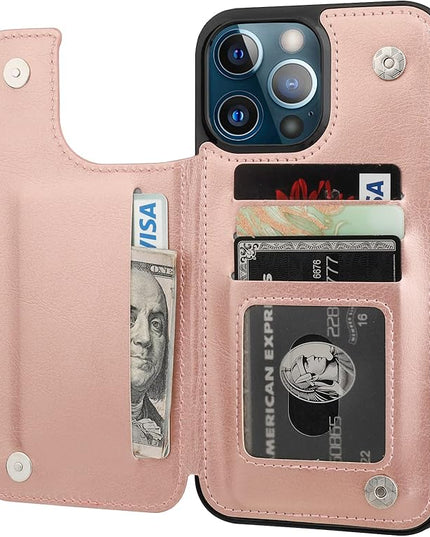 ONETOP Compatible with iPhone 13 Pro Max Wallet Case with Card Holder,PU Leather Kickstand Card Slots Case, Double Magnetic Clasp and Durable Shockproof Cover 6.7 Inch(Rose Gold)