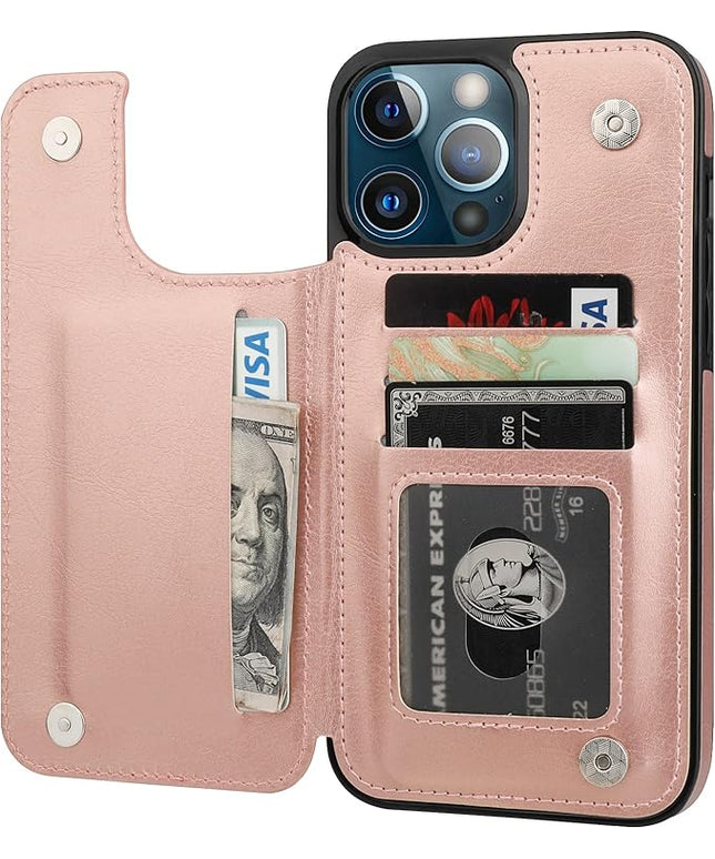 ONETOP Compatible with iPhone 13 Pro Max Wallet Case with Card Holder,PU Leather Kickstand Card Slots Case, Double Magnetic Clasp and Durable Shockproof Cover 6.7 Inch(Rose Gold)