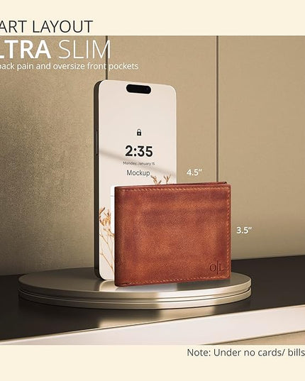 Oak Leathers Slim Leather Wallet for Men - RFID Blocking Slim Minimalist Front Pocket - Thin & Stylish with ID Window, Gift For Men (Vintage Tan)