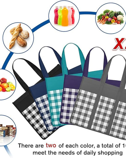 WISELIFE Reusable Grocery Shopping Bags 10 Pack Large Foldable Tote Bags Bulk, Long Handle for Shopping Groceries Clothes (Plaid A)