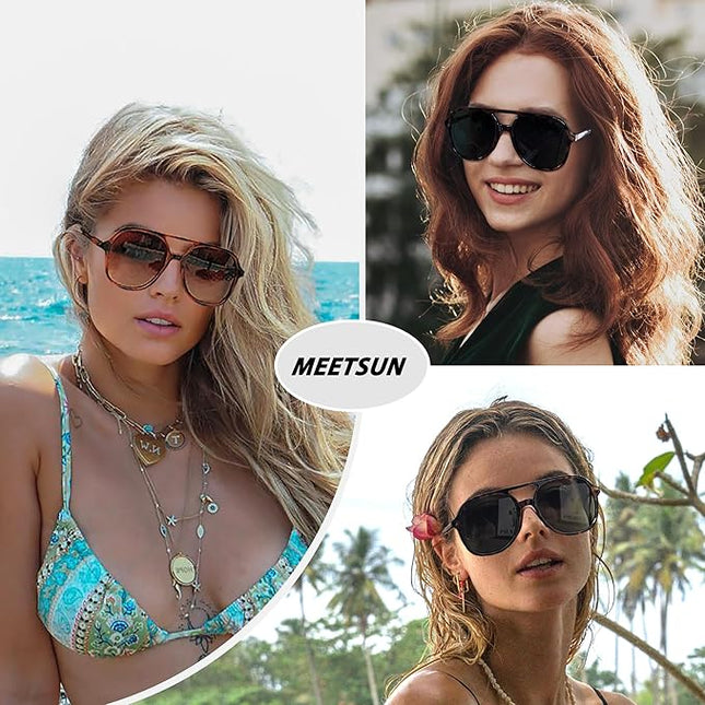 MEETSUN Retro Oversized Aviator Sunglasses for Women Men Trendy 70s 80s Vintage Square Aviators 3 Pack UV400
