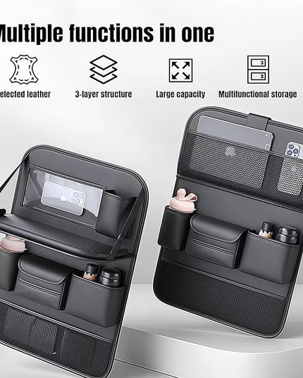 Car Backseat Organizer with Foldable Table Tray,Car Seat Back Protector with Touch Screen Phone Holder,Premium PU Leather Material,Compatible with Suitable for Most Car Travel Accessories