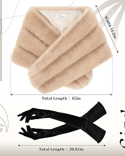 Zhanmai 2 Pcs Winter Long Shawl Cloak Stretchy Glove Opera Bridal Dance Gloves for Women Dress Party Coat