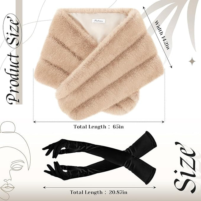 Zhanmai 2 Pcs Winter Long Shawl Cloak Stretchy Glove Opera Bridal Dance Gloves for Women Dress Party Coat