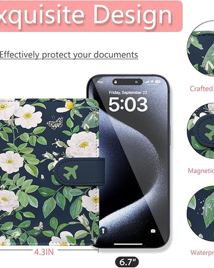 Passport Holder, Travel Wallet Cover with Pen Loop | Cute RFID Blocking Leather Case with Magnetic Closure for Travel Essentials-flower