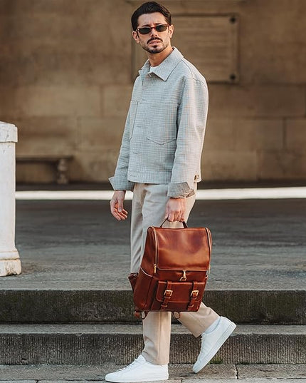 Time Resistance Leather Backpack - Laptop Travel Bag Rucksack up to 15” - Bag for Men and Women (Cognac Brown)