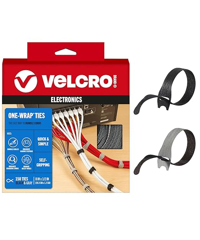 VELCRO Brand 150 Pack Reusable Cable Ties, 8". Valentine Gifts for Tech Lovers. Cord Organizer & Wire Management. Replace Zip Ties, Reduce Waste