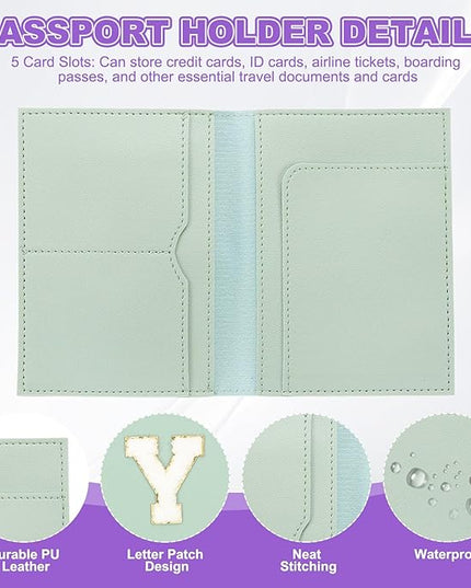 PATIKIL Passport Holder for Travel, Initial Passport Cover and Luggage Tag Set with Alphabet Chenille Letter Patch Travel Wallet Bag Suitcase Identifier for Women Family Travel Green Y
